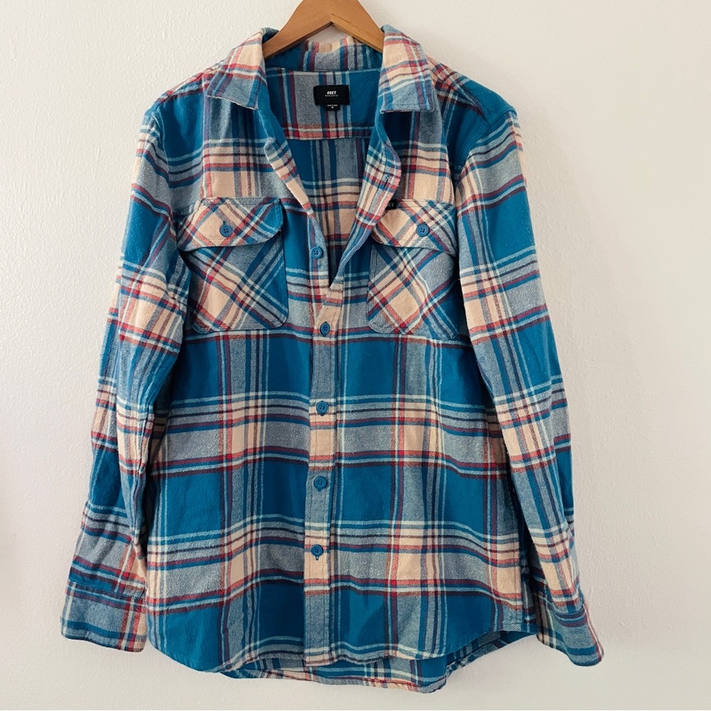 Obey Propaganda Men’s Blue and Cream Plaid Flannel Button Down Shirt
